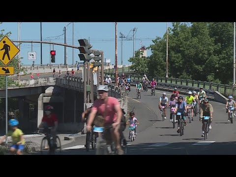 YouTube video thumbnail: Bridge Pedal Cycles Through Downtown Portland