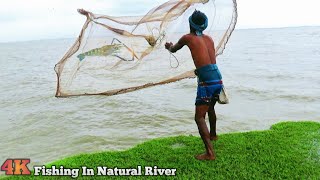 Net Fishing In Natural River - Traditional System Catching Fish By Cast Net Fishing-Amazon Fishing