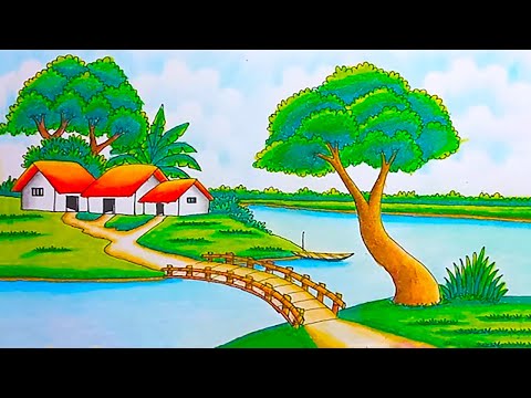 How to Draw a Beautiful Village Scenery Step by Step | Riverside Village Drawing Easy Tutorial