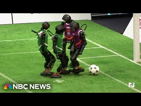 YouTube video thumbnail: Chinese AI Robots Compete in First Ever Soccer Match