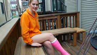 Vika on stairs with crutches *HOT PINK* SLC