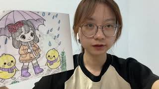 Instructions for coloring a picture of a little girl holding an umbrella in the rain