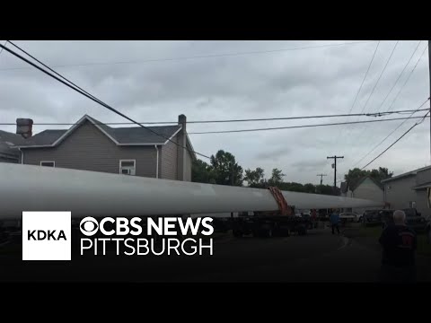 YouTube video thumbnail: Nearly 160-Foot-Long Wind Turbine Blade Gets Stuck Between 2 Pennsylvania Homes