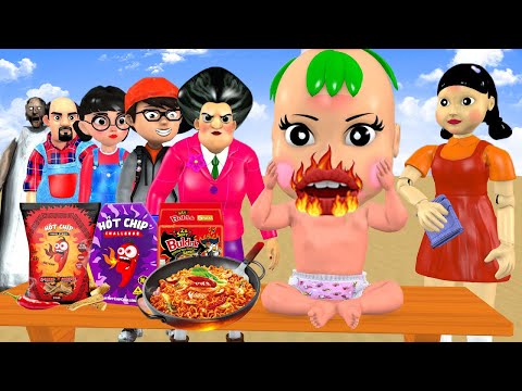 Scary Teacher 3D vs Squid Game MUKBANG Spicy Noodles, HOT CHIP Challenge Level x10 5 Times Challenge