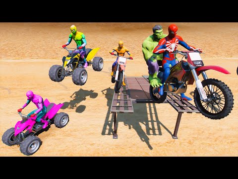 Spiderman Motorcycle with Superheroes - Tree Barrier in The Desert - Mega Ramp Challenge