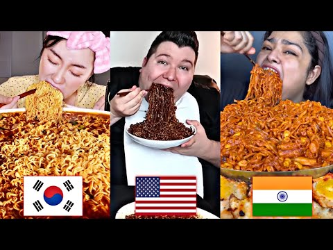 KOREAN VS AMERICAN VS INDIAN! EATING TONS OF NOODLES MUKBANG!🍜🙀😱🤯