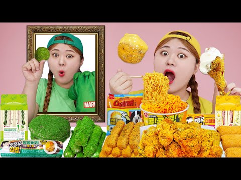 ASMR MUKBANG | 직접 만든 그린 옐로우 치킨 디저트 아이스크림 먹방 & 레시피 GREEN YELLOW DESSERT GALAXY HONEY JELLY