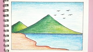 Menggambar pemandangan gunung dan pantai - How to draw scenery for beginners 