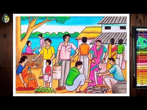 Village Market Drawing easy | How To Draw A Scenery Of Village Market | Market Drawing