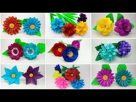 Paper flowers || 9 different and beautiful flower making ideas || Room Decoration || DIY crafts