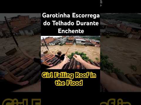 Brincadeira arriscada | Girl falling roof in the flood#viral #flood #enchente #tsunami