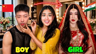 I Transformed a Chinese BOY 🇨🇳 into Indian BRIDE (Girl) 😱 *He Cried* 😭 Crazy Makeover 