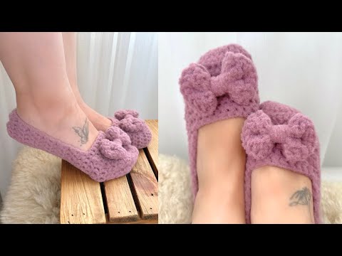 Pantufa de crochê facil, rapida e economica / Sapatinho de crochê  com laço/ Crochet Slippers