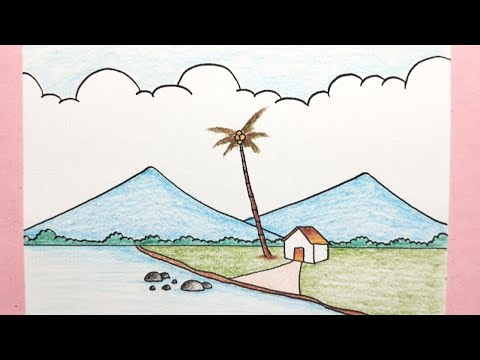 Cara menggambar pemandangan gunung - How to draw simple scenery