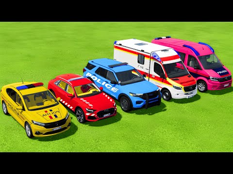 TRANSPORTING ALL POLICE CARS and AMBULANCE EMERGENCY VEHICLES WITH TRUCKS ! Farming Simulator 22