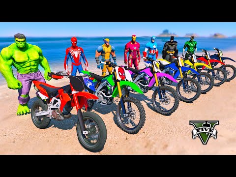 SPIDERMAN Motorbikes Epic Stunts Challenge on Mega Beach Ramp Superheroes Motos Race - GTA 5