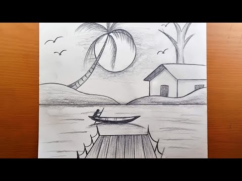 Come disegnare una scena di villaggio tranquillo con barche e palme - Tutorial di schizzo a matita
