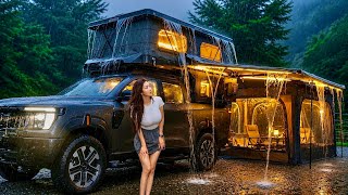 ☔ CAMPING IN AN AUTOMATED POP-UP TENT TRUCK CAMPER VAN IN EXTREME HEAVY RAIN /  ASMR