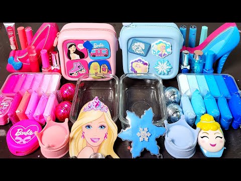 ASMR Barbie Pink vs ELSA Blue Slime Mixing Makeup,Parts,Glitter Into Slime.#ASMR#satisfying#slime