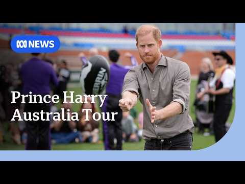 YouTube video thumbnail: Prince Harry Talks Footy, Mental Health Before Brief Stop in Canberra to Pay Respects