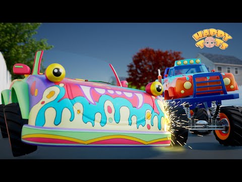 Wheels On The Monster Car & Monster Truck | Nursery Rhymes for Kids - Happy Tots