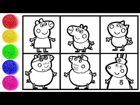 Peppa Pig Family Dress up Drawing and Coloring Page for kids - How to draw Peppa Pig Glitter world