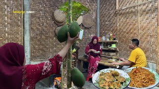 Petik pepaya di kebun depan rumah , membuat bakwan udang, tumis pepaya muda ,  masakan desa