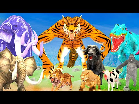 5 Giant Mammoth Elephant Gorilla Cow Vs 5 Giant Tiger Wolf Attack Cow Buffalo Saved by Woolly Mammot