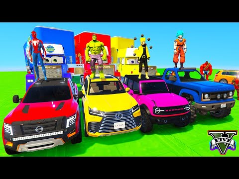 SPIDERMAN CARS Monster Trucks Mega MULTI Ramp Challenge ! SUPERHERO Hulk Stunt JET SKI Motos - GTA V