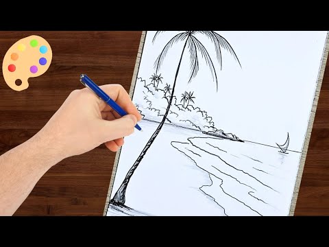 Como Desenhar uma Praia com Coqueiros Mar e Ondas
