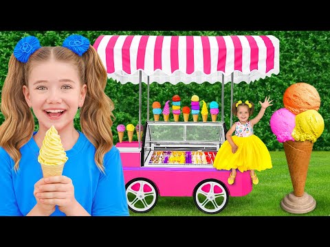 Kids play with ice cream truck and open toy cafe