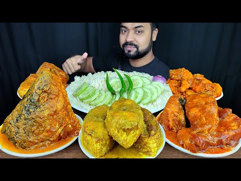 SPICY BIG FISH CURRY, HILSA FISH CURRY, PRAWN CURRY, FISH HEAD, RICE, SALAD MUKBANG ASMR EATING SHOW