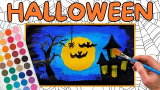 Halloween Scene Haunted House Painting Tutorial for Kids 🎃  Art and Craft for children