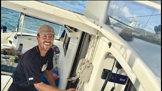 Finally sailing. Figuring out the sails and tuning up the Dyneema rigging. 