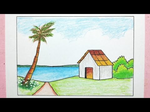 Cara menggambar pemandangan rumah tepi pantai - How to draw scenery