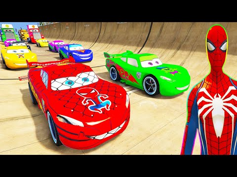 SPIDERMAN Vs HULK McQueen Friend CARS SEA GODZILLA Ramp Challenge! SUPERHERO Mack Truck Race - GTA V