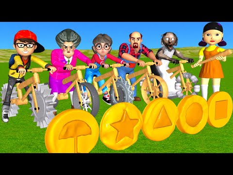 Scary Teacher 3D vs Squid Game Driving Wood Wheel Bikes vs HoneyComb Candy Shapes 5 Times Challenge