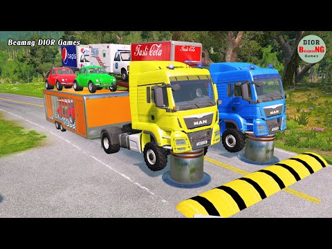 Double Flatbed Trailer Truck vs speed bumps|Busses vs speed bumps|Beamng Drive|1001