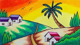 Menggambar Pemandangan | Cara Menggambar Pemandangan Perdesaan di Atas Bukit Dengan Oil Pastels