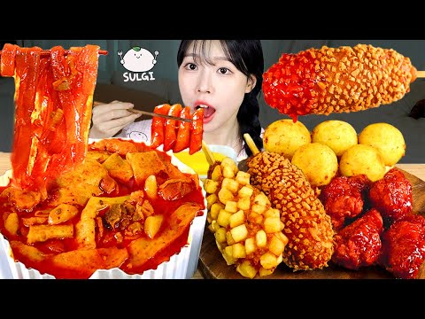ASMR MUKBANG| 마라 엽기 떡볶이 양념치킨 핫도그 먹방 & 레시피 FRIED CHICKEN AND Tteokbokki EATING