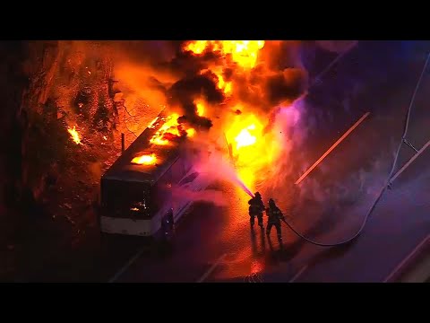YouTube video thumbnail: NJ Transit bus Catches Fire on the New Jersey Turnpike