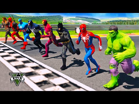 SPIDERMAN vs SUPERHEROES Running Challenge on Motorcycles Track Hulk Iron Man Batman Stunts - GTA 5