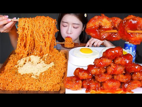 ASMR MUKBANG | 보들보들 치즈볶음면 4봉지 🧀 양념 새우링 🍤🔥 먹방! Super Cheesy Ramen & Spicy Fried Shrimp Ring