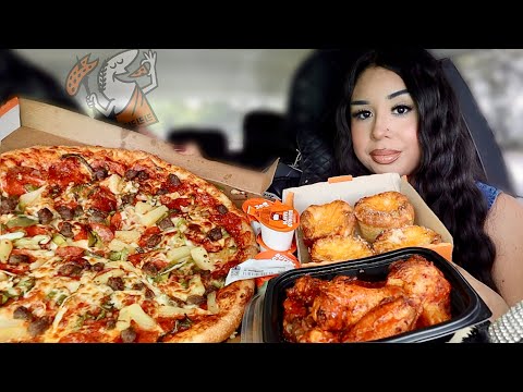 EATING LITTLE CAESARS LOADED SUPREME PIZZA, BUFFALO WINGS, CRAZY PUFFS MUKBANG!!!