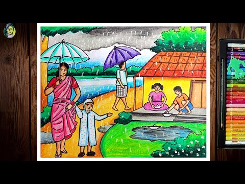 Rainy Season Scenery Drawing Easy | How To Draw A Scenery Of Rainy Season | Rainy Day Drawing