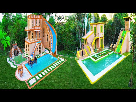 Challenge To Build Creative Beautiful Two Villa House With Water Slide To Pool, Fish Pool &Waterwell