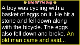 A boy was cycling with a basket of eggs on it (funny clean joke) | best joke of the day