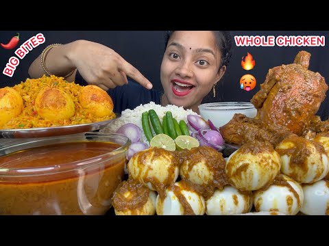 WHOLE CHICKEN CURRY 🔥 EGG CURRY, EXTRA GRAVY, EGG BIRYANI, RAITA WITH WHITE RICE 😋 EATING VIDEOS 🌶️