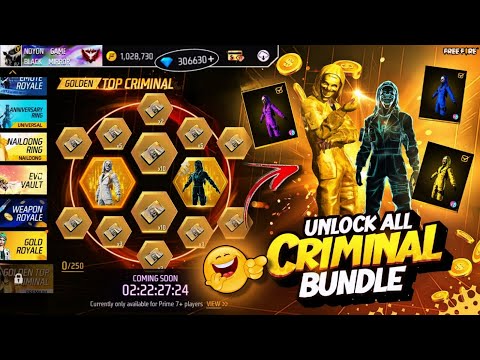 NEW GOLDEN TOP CRIMINAL RING EVENT FREE FIRE || GOLDEN CRIMINAL BUNDLE SPIN || FREE FIRE NEW EVENT