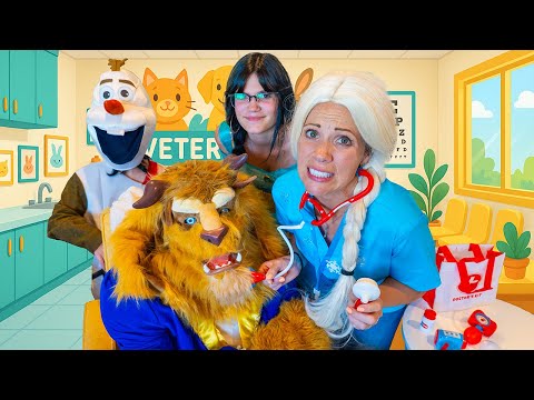 Elsa the Doctor! Jasmine and Olaf HELP Beast Feel Better - Veterinarian Fun for Kids!